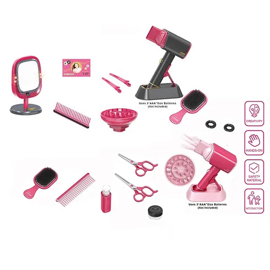 Nuovissimo e popolare set di attrezzature per parrucchieri in plastica, set di trucco e bellezza, asciugacapelli elettrico alla moda, set di giocattoli per ragazze