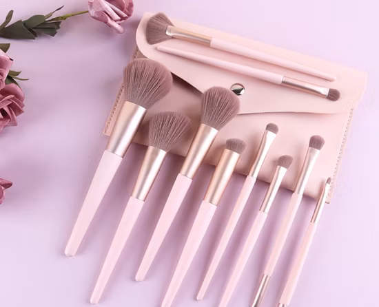 Set di pennelli per il trucco rosa con borsa in PU, 10 pezzi in un kit per il trucco portatile